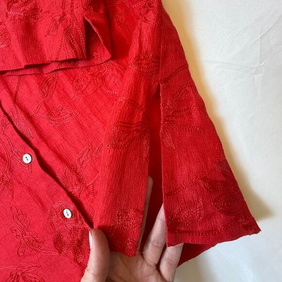 Vintage Chico’s Design Red Linen Silk Blend Floral Embroidered Shirt Size 1 - Picture 13 of 16